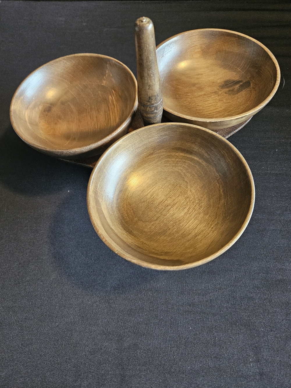 Vintage Solid Wood Tray Lazy Susan 3 Bowl Server Removable Bowls